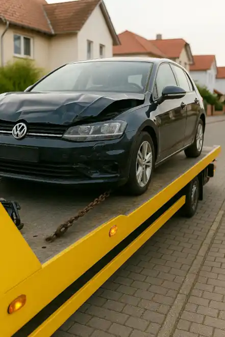 Ein defektes Auto wird in Oldenburg zum Autoankauf abgeschleppt, um den Verkauf abzuwickeln.
